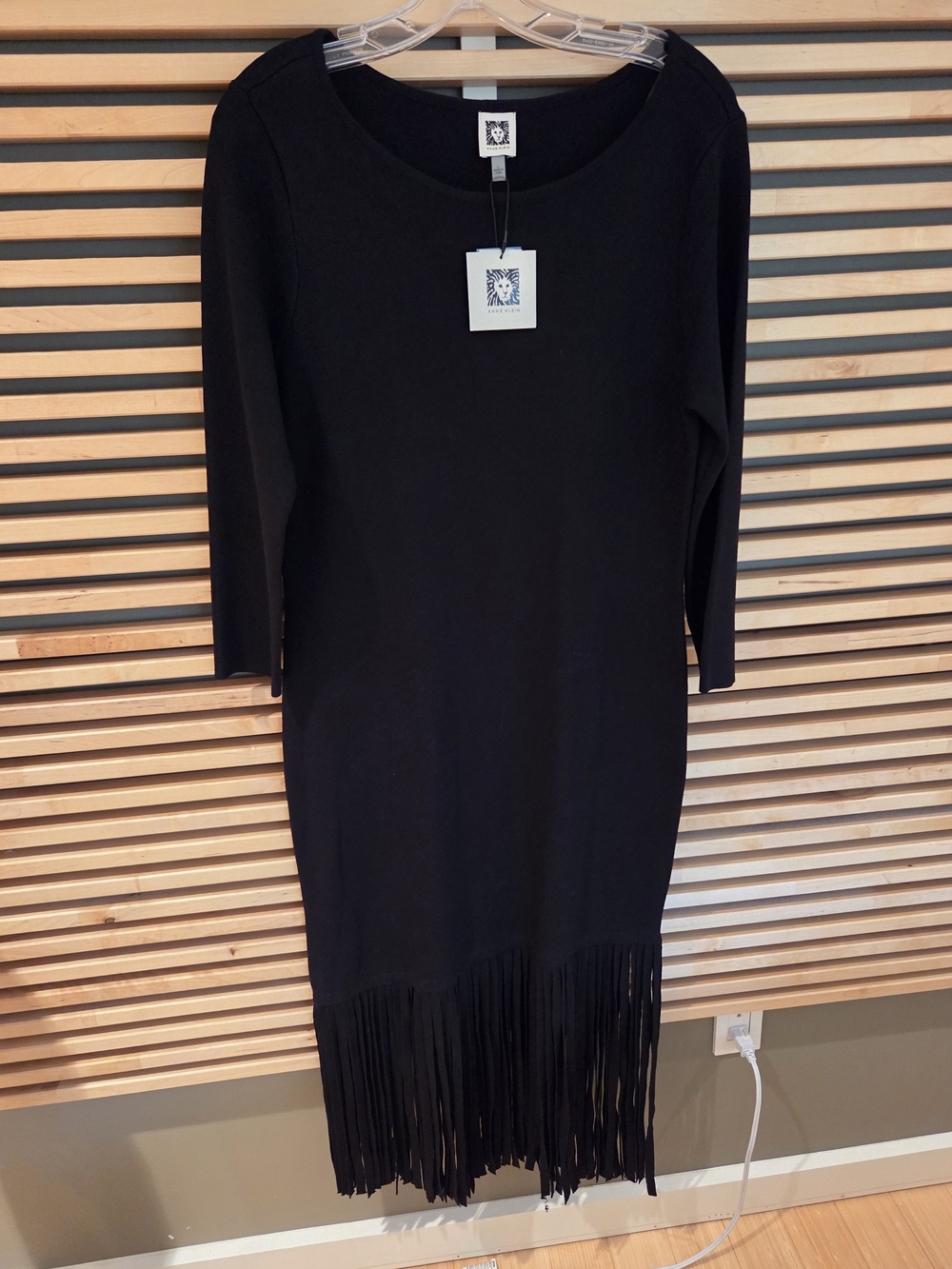 Anne Klein Black Long-Sleeve Fringe Hem Dress